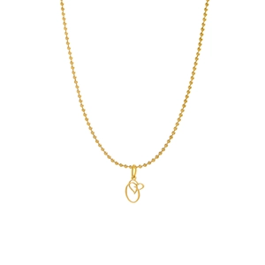 Close-up of golden ball chain necklace with hollow letter O pendant and heart detail