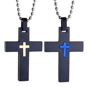 Punk style stainless steel cross necklaces with blue and gold insets on silver bead chains