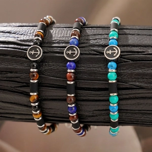 Bracelet Perles Pierre Naturelle Charme Ancre Nautique Oeil De Tigre Lapis Lazuli Turquoise Pour Hommes Acier Inoxydable