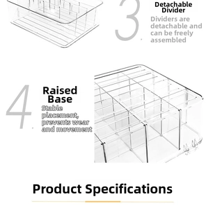 Detail of transparent acrylic organizer with removable dividers and raised base structure