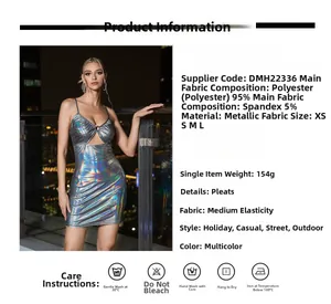 Detail of metallic bodycon mini dress showing ruching and shimmering laser effect fabric