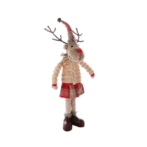 Christmas reindeer plush doll in beige jacket and red plaid skirt with a tall pointy hat