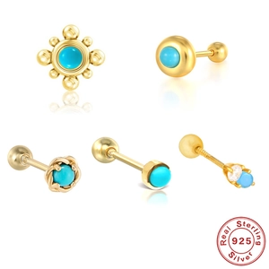 925 Sterling Silver Ear Cartilage Stud Vintage Turquoise Helix Piercing Screw Back Flower Tragus Jewelry For Women