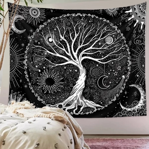 Macro detail of Tree of Life tapestry featuring celestial moon and sun patterns