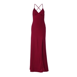 Detail of wine red slim fit dress showing deep V-neck, high slit, and cross back straps