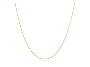 Detail of a thin golden snake bone chain necklace featuring a smooth round finish
