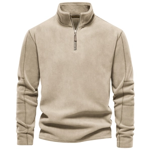 Detail of khaki fleece pullover with 1/4 zip, stand collar and reinforced sleeve stitching