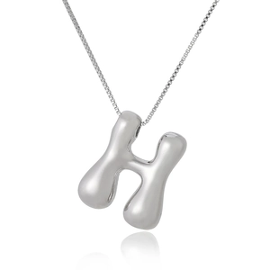 Detailed view of 3D silver bubble letter H pendant necklace with elegant box chain