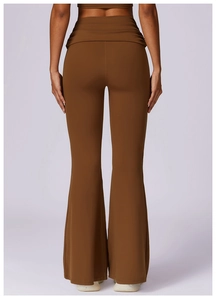 Detailed back view of high waisted caramel flare yoga pants with wide waistband