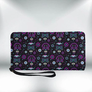 Lightweight long PU wallet with colorful Halloween sugar skulls and black wrist strap
