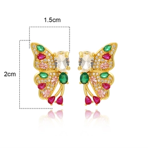 Detail view of 2x1.5cm gold butterfly earrings with colorful cubic zirconia and dimensions