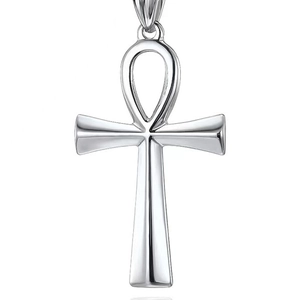 Polished stainless steel Egyptian Ankh cross pendant necklace on a clean white background