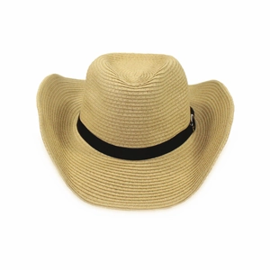 Western style straw cowboy hat with black decorative ribbon and wide brim for sun protection
