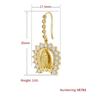 Virgin Mary gold earrings with micro-set zircon crystals and 35mm size details