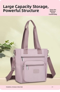 Detailed close-up of a lilac oxford tote bag featuring multiple pockets and wide handles