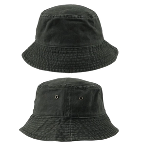 Detail view of black washed cotton bucket hat with breathable metal eyelets and stitching