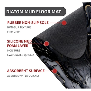 Détail montrant la structure à 3 couches du tapis de bain absorbant à motif marbre