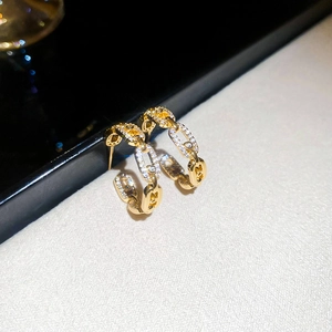 Macro side view of gold-plated chain link hoop earrings with micro-set zircons