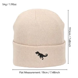 Kids beige knitted beanie with dinosaur embroidery and 19.5cm height dimension details