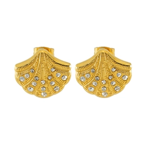 Close-up of shell-shaped stainless steel earrings with sparkling zircon inlay