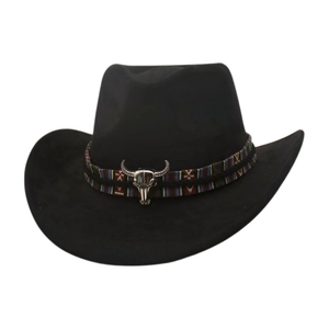 Close-up of black western fedora featuring colorful ethnic band and silver bull skull ornament