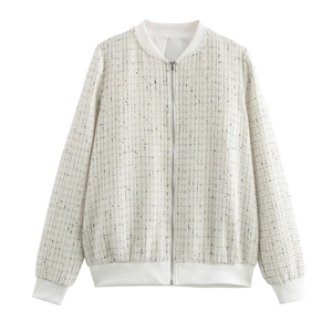 Veste En Tweed Pour Femmes Avec Fermeture Éclair Paillettes Bordure Côtelée Élégante Décontractée Blanche