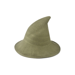 Detail of olive green knitted witch hat with handcrafted texture for Halloween