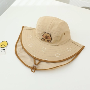 Detail view of khaki sun hat featuring breathable mesh neck flap and adjustable drawcord