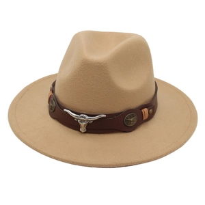Western Cowboy Fedora Hat Felt Wide Brim With Faux Leather Belt Metal Bull Head Longhorn Decoration