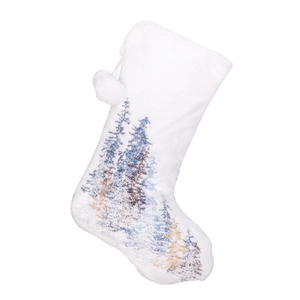 White plush Christmas stocking with blue and brown forest embroidery and pom pom