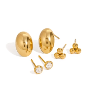 3-pair 18K gold plated stainless steel earring set with oval hoops and zircon studs