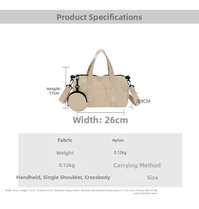 Size chart showing nylon tote bag dimensions 26x17x9cm with weight and strap details