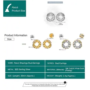 Unique S925 sterling silver pencil shavings stud earrings with 18K gold plated finish