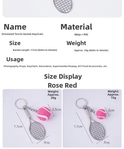 Macro detail of rose red tennis racket and ball keychain showing alloy and PVC material