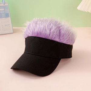 Close-up of black cotton baseball cap with fuzzy purple wig hair on top in punk style