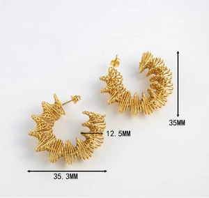 Detail view of 18K gold plated hollow irregular geometric earrings with size measurements