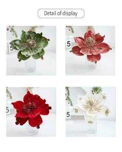 Detail of velvet magnolia flower decorations with sparkling sequins in four colors