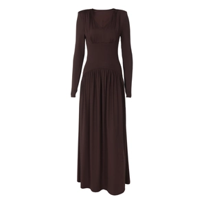 Detail of V-neckline and draped fabric on dark brown long-sleeved slim-fit maxi dress