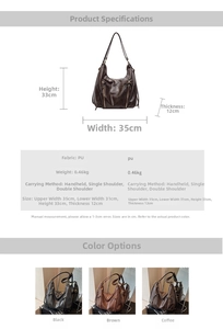 Detailed size specifications and color options for large PU leather tote backpack