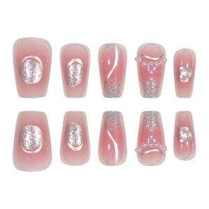 Pink gradient press-on nails with silver glitter, pearls and crystal accents