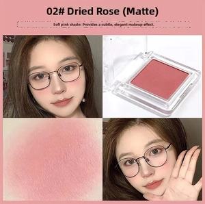 Matte blush in dried rose shade showing single color swatch and makeup effect on model