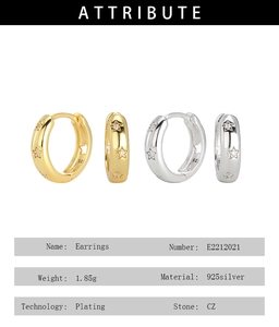 Detailed technical specifications for S925 sterling silver star-shaped hoop earrings with CZ stones