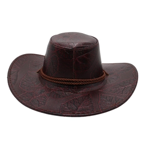 Western Cowboy Hat Faux Leather Leaf Embossed Vintage Retro Jazz Cap With Braided Rope And Strap Sun Protection Unisex