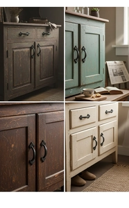 Macro shot of rustic black cast iron furniture handles on various vintage cabinet doors