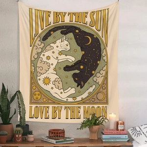Bohemian sun and moon cat tapestry with Live by the Sun Love by the Moon text