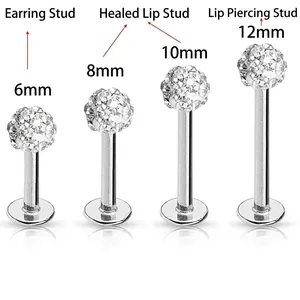 Sparkling crystal ball labret studs in four bar lengths 6mm to 12mm stainless steel jewelry