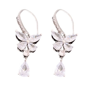 Silver zircon butterfly drop earrings with shimmering crystals on a white background