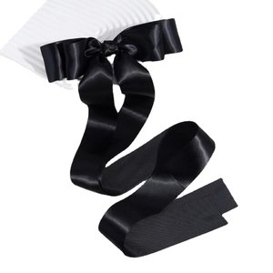 French style large black satin bow hair clip with long ribbons on white background