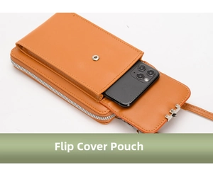 Orange PU leather crossbody phone bag with flap pocket and secure zipper closure