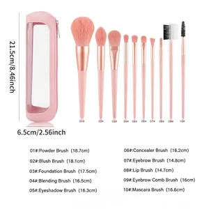 10-piece pink makeup brush set with storage bag featuring soft fiber and rose gold ferrules